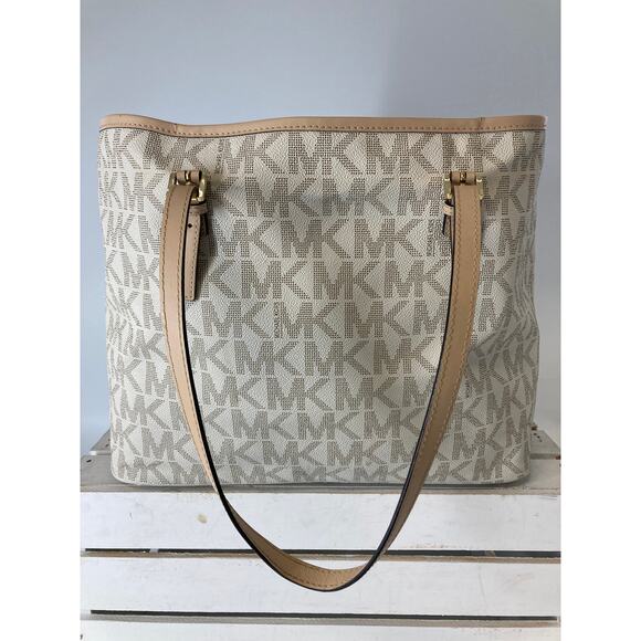 MICHAEL KORS, LARGE SAFFIANO SIGNATURE IVORY TOTE BAG ASIS - Picture 1 of 16